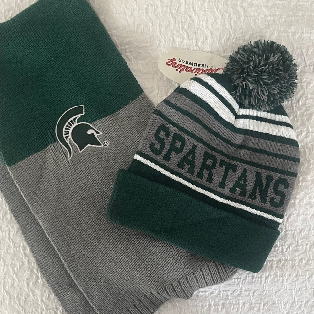 Michigan State Spartans Green and Gray Beanie and Scarf Set